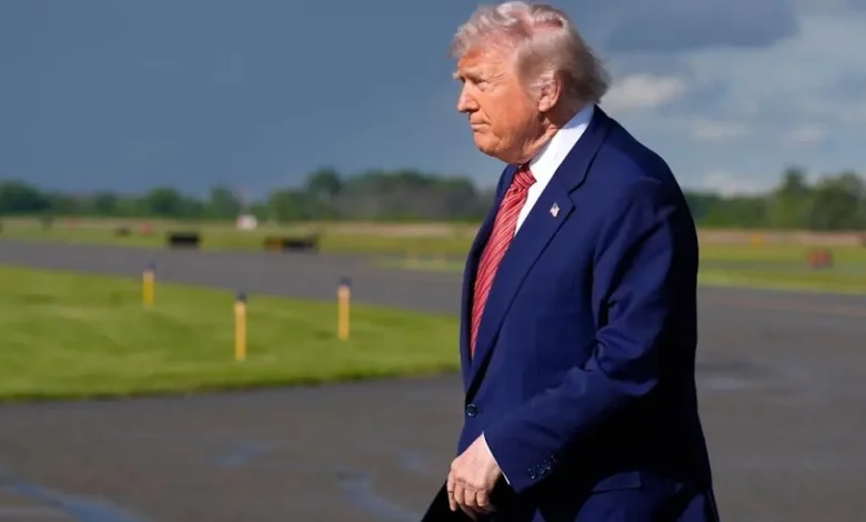 President Donald Trump arrives on Air Force One at Morristown Municipal Airport in Morristown, N.J., Friday, May 23, 2025. (AP Photo/Manuel Balce Ceneta)